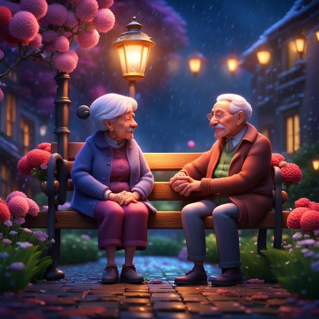 hyperrealistic cute old couple, holding hands,  sitting on a...