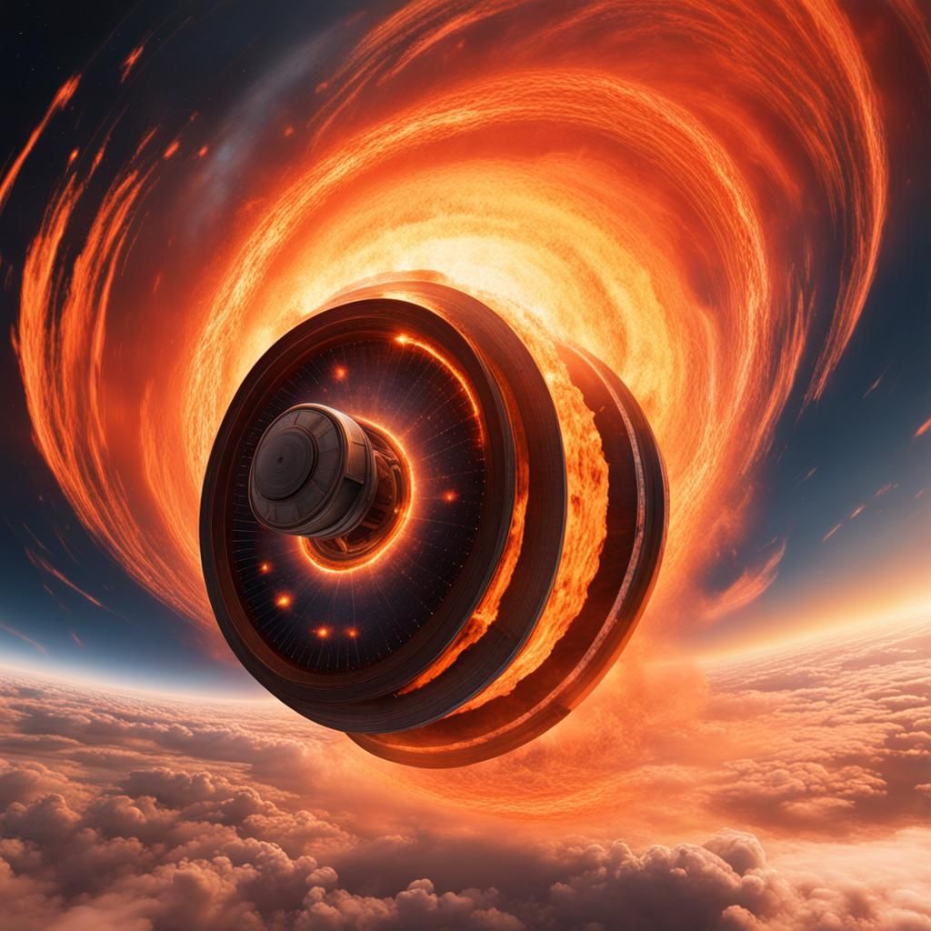 Fiery Sky with Wheel-Shaped Spacecraft at Vortex