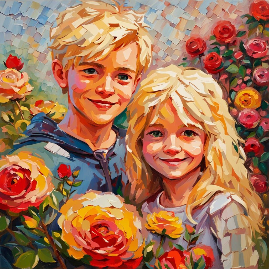 Medieval Children in Rose Garden as Impasto Painting