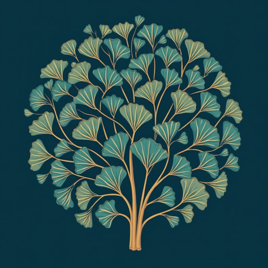 Stylized Ginkgo Leaves in Teal and Gold