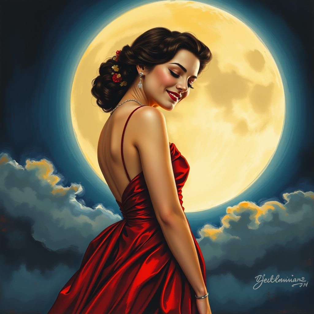 Gouache Lady in Red Evening Gown Smiling in Front of the Moo...