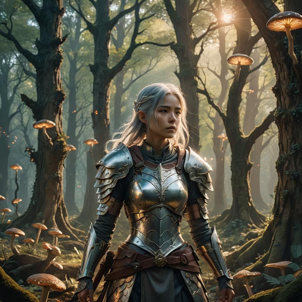 Female Warrior in Mystical Forest, Anime Style