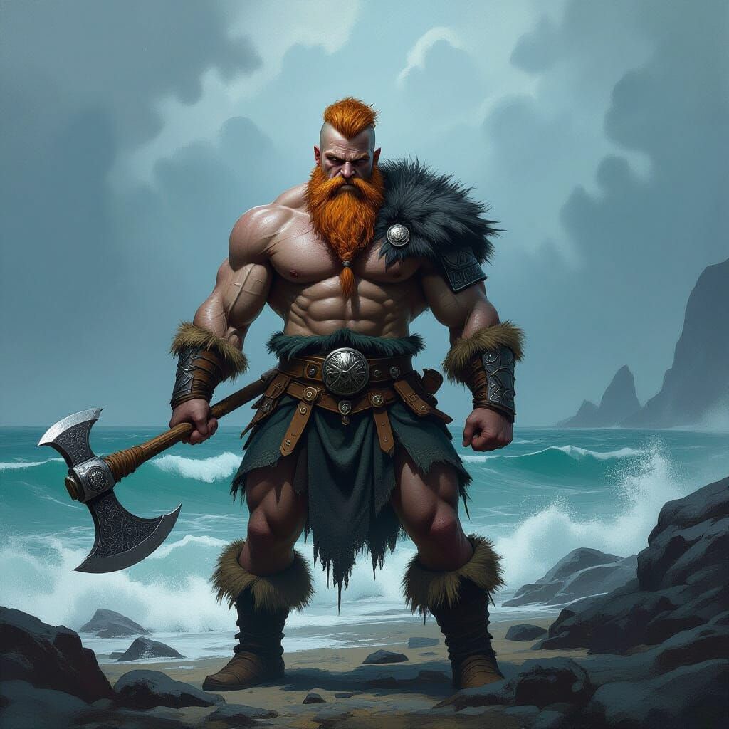 Viking Warrior on Stormy Shore in Painterly Fantasy Style