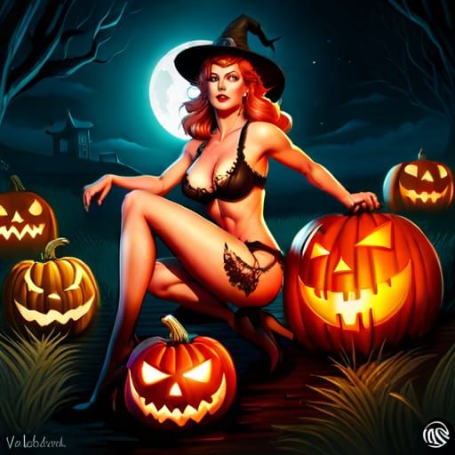 Halloween Witch Pinup in Dark Fantasy Style