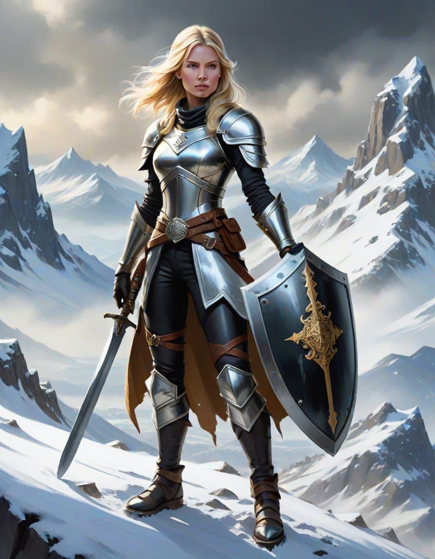 Ethereal Blonde Woman Warrior on Snowy Mountain