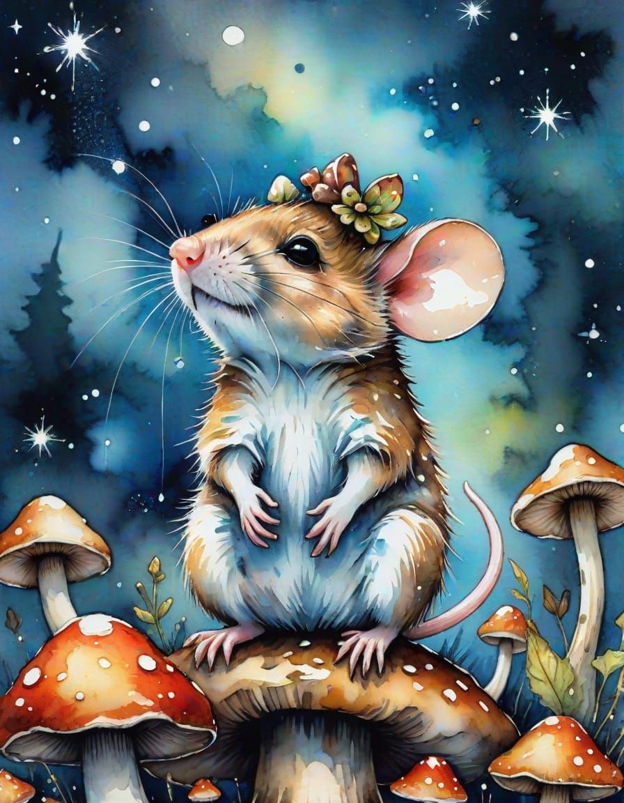 Whimsical Mouse Gazing at Starry Night Sky in Dreamy Waterco...