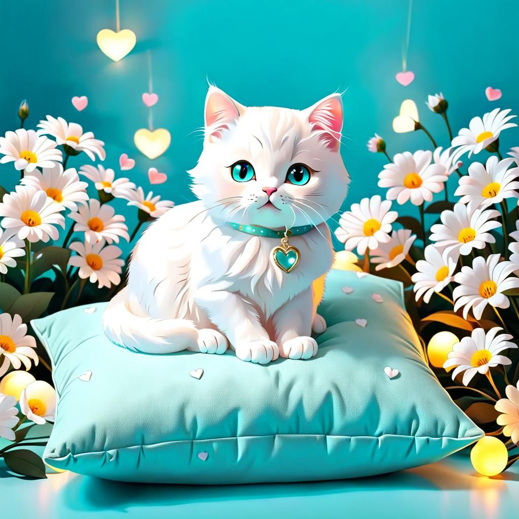 Cute White Cat Surrounded by Flowers and Lights