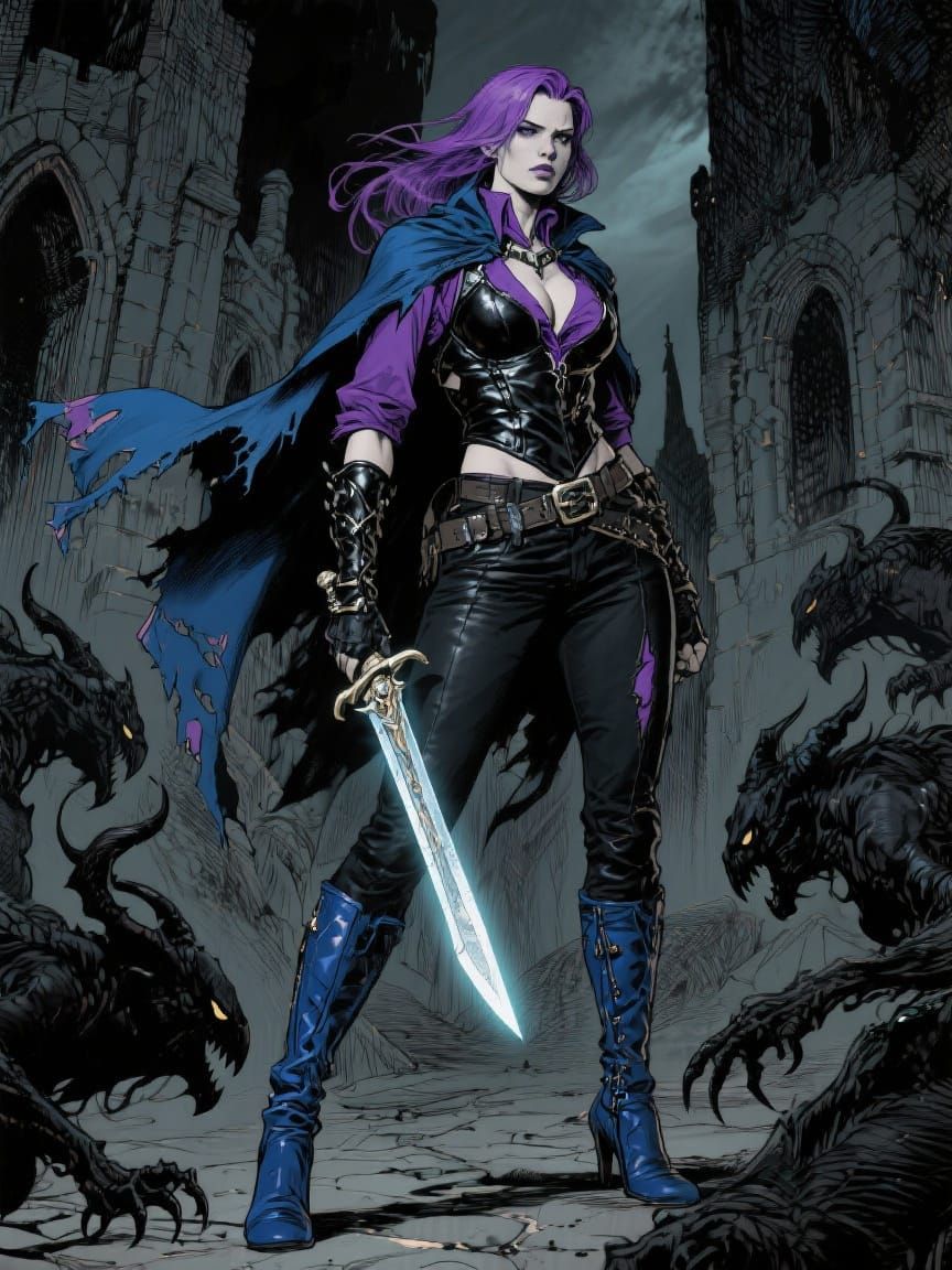 Female Rogue Faces Demons in Pen and Ink Style