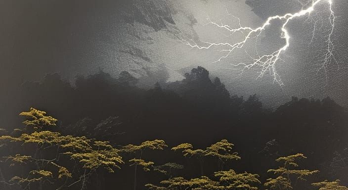 Dramatic Thunderstorm Over Dark Forest in Chiaroscuro Style