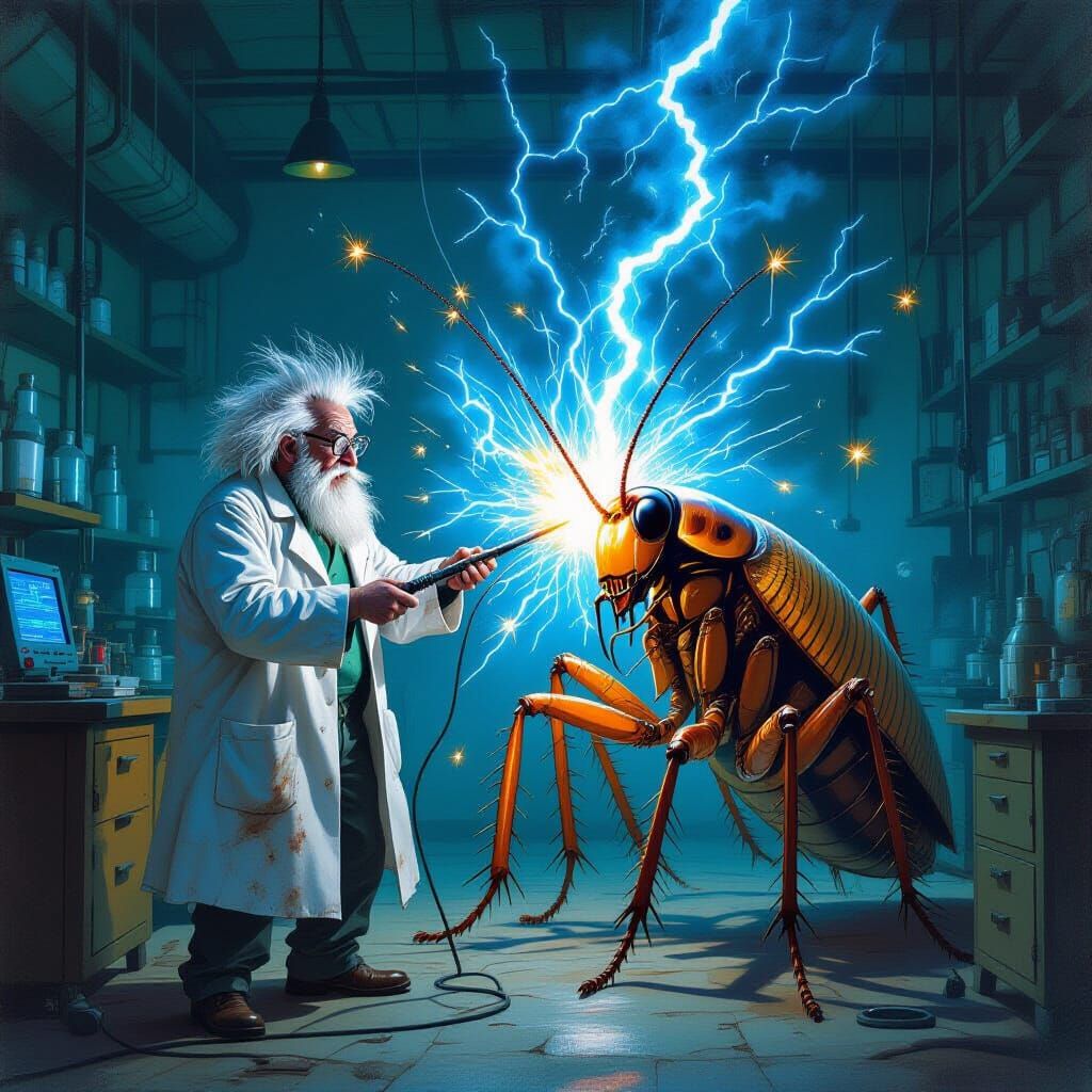 Mad Scientist Electrifies Giant Cockroach with Tesla Coil