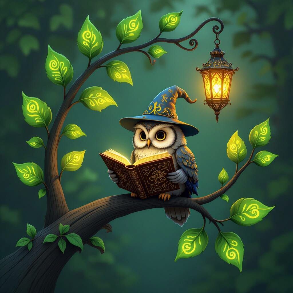 Fantasy Owl Reads Book on Magical Branch
