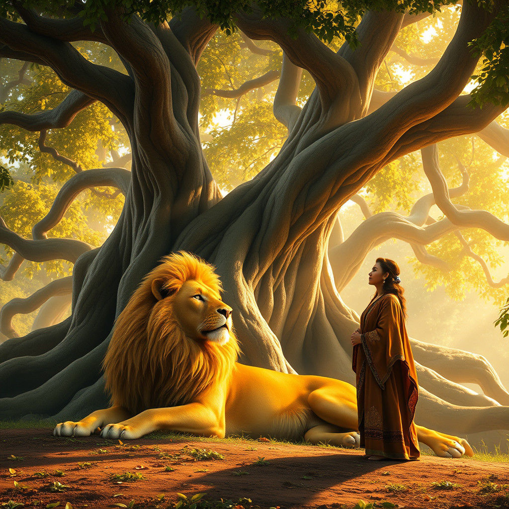 Majestic Golden Lion in Enchanted Forest
