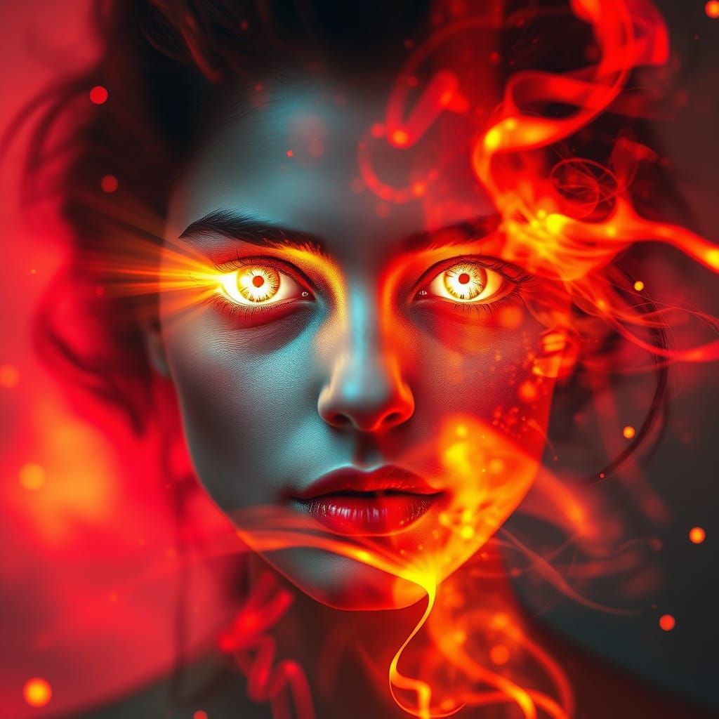 A Woman's Face Ablaze with Ethereal Light and Vibrant Colors