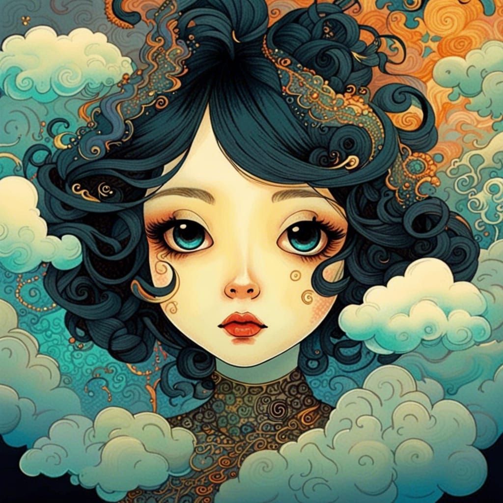 Victorian Gothic Girl on Swirling Clouds