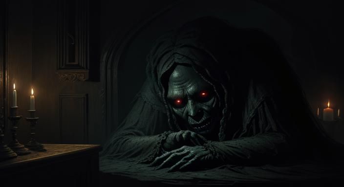 Horrific Shadow Monster Peering into a Candlelit House