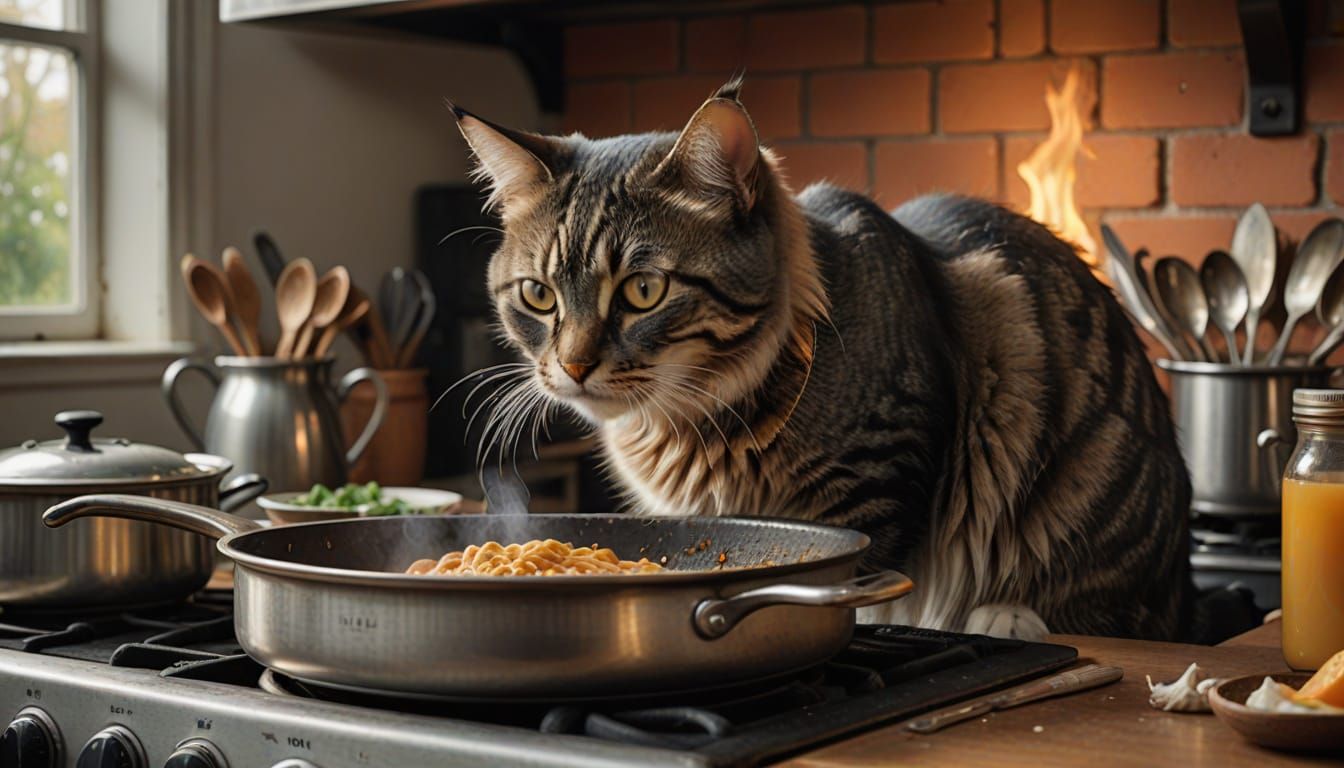 Dramatic Charcoal Portrait of Curious Cat Tasting Pot