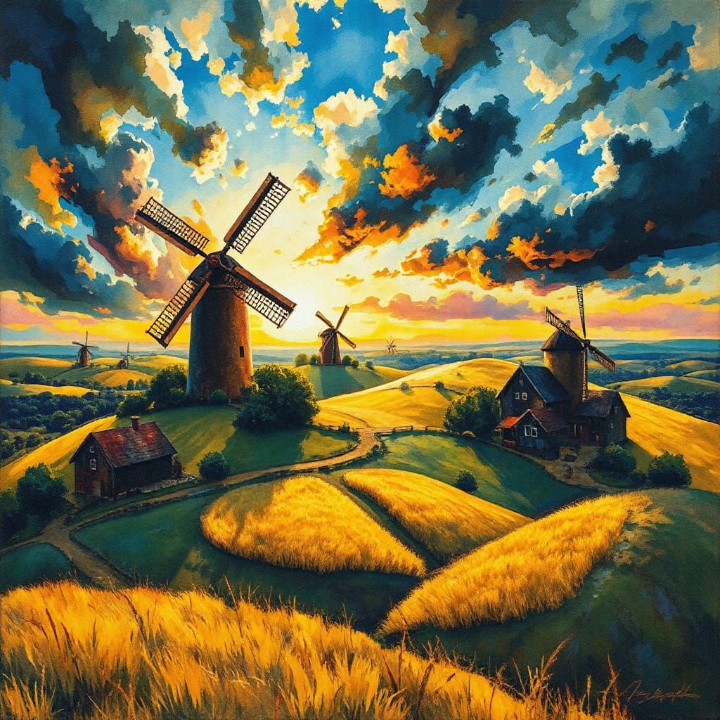 Whimsical Windmill Village in Expressionist-Abstract Style