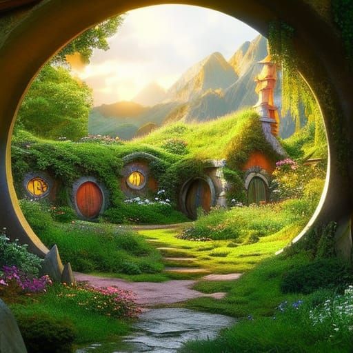 Hyperrealistic Hobbit Home with Garden Doorways