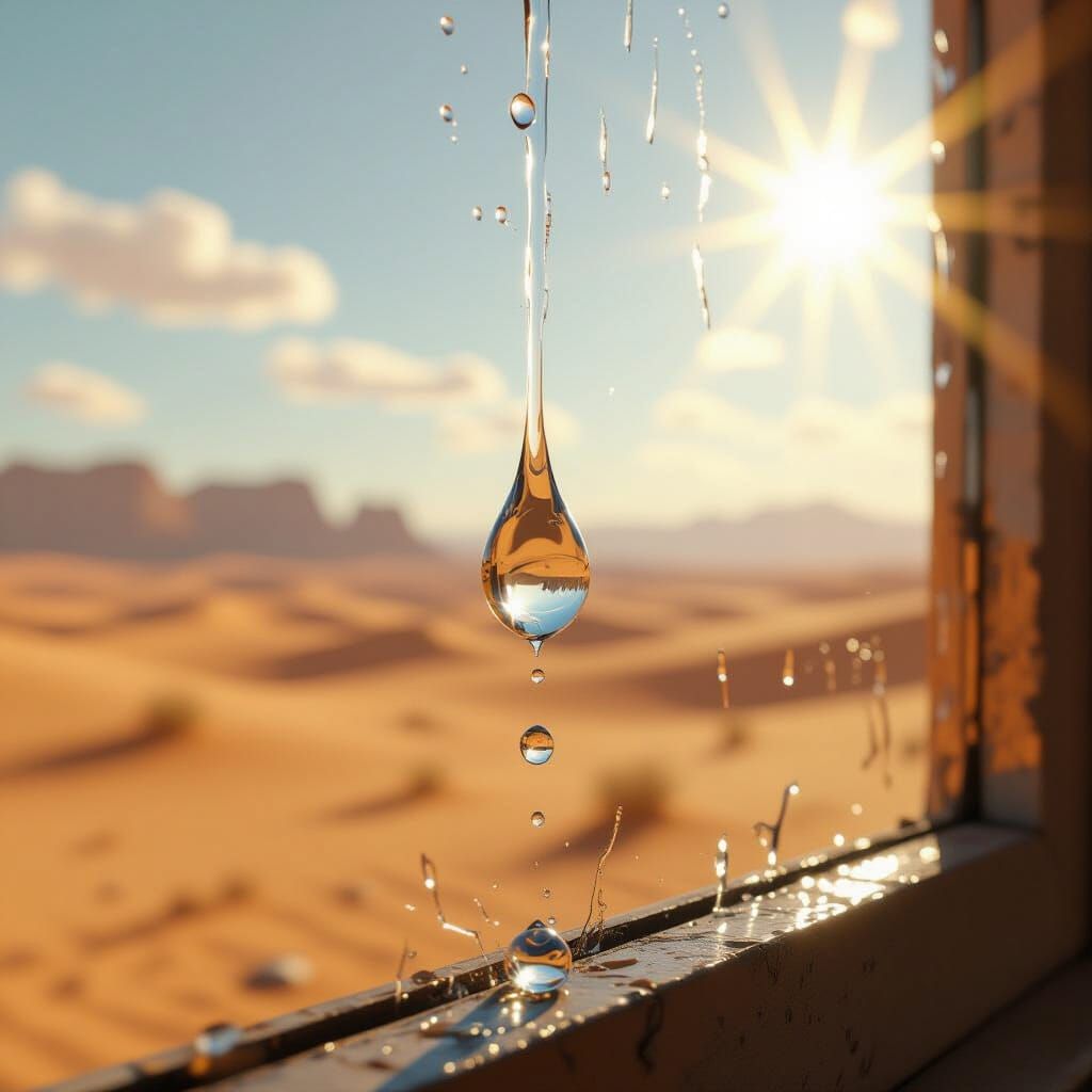 Water Drop on Window with Desert Backdrop
