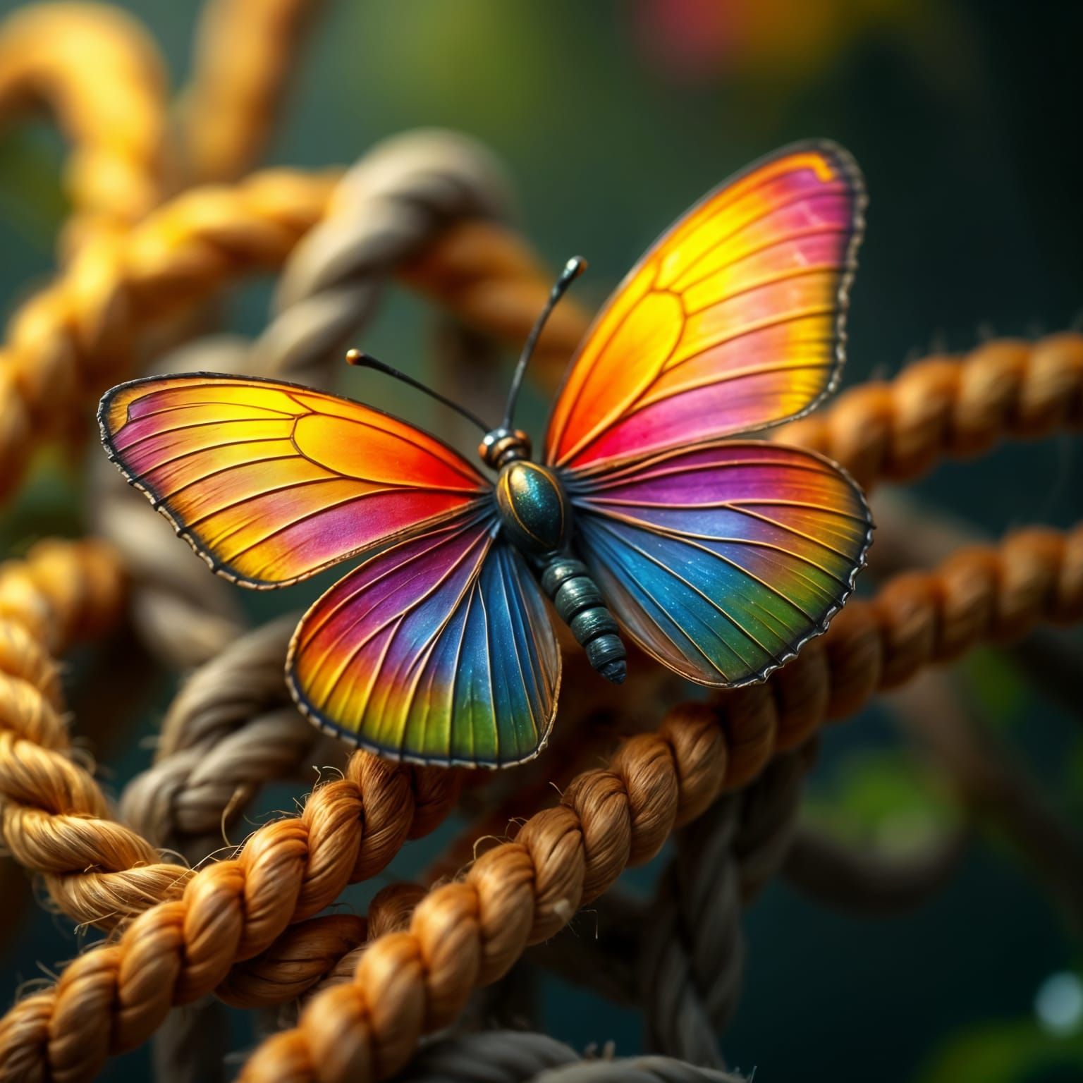 Vibrant Butterfly Against Macrame Rope