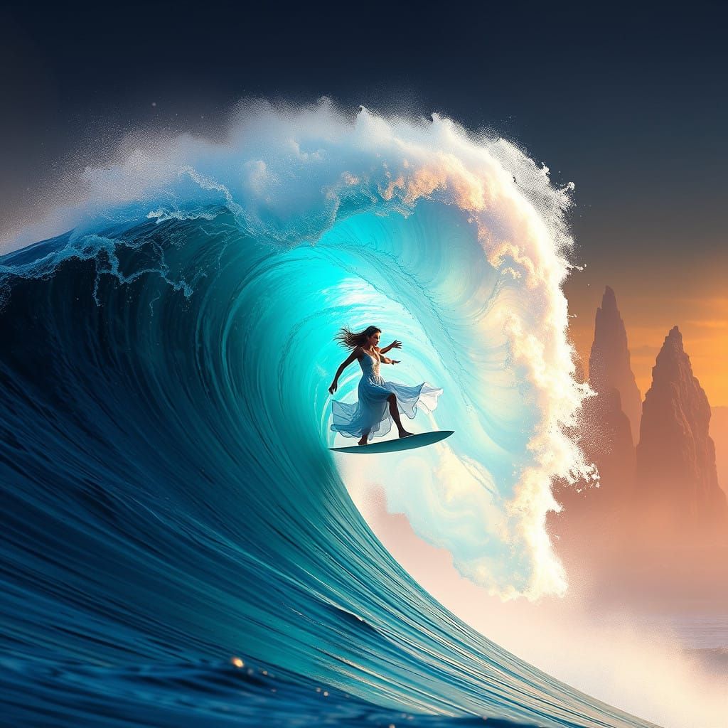 Singer on a Glowing Wave in a Dreamlike Landscape