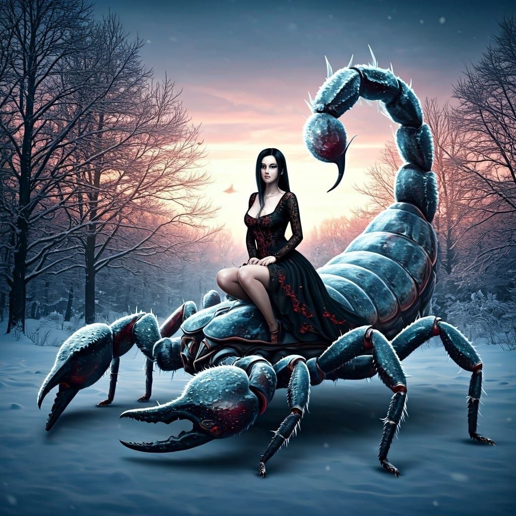 Goth Girl Rides Scorpion in Winter Wonderland