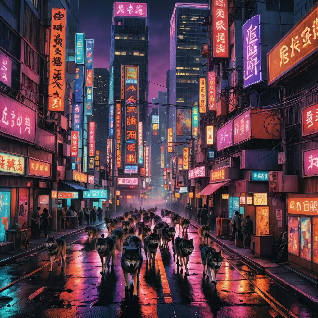 Wolves Deliver Traffic Report in Neon Tokyo