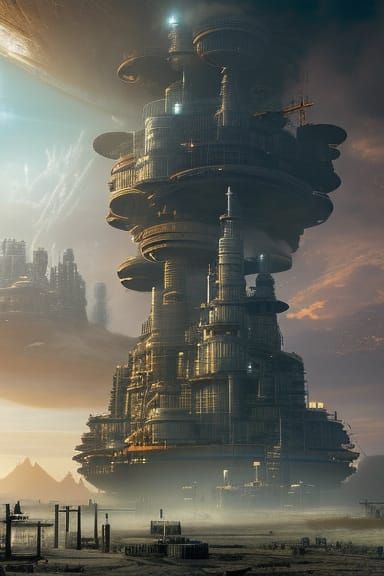 Steampunk Floating City After Disaster, Oil Painting Style