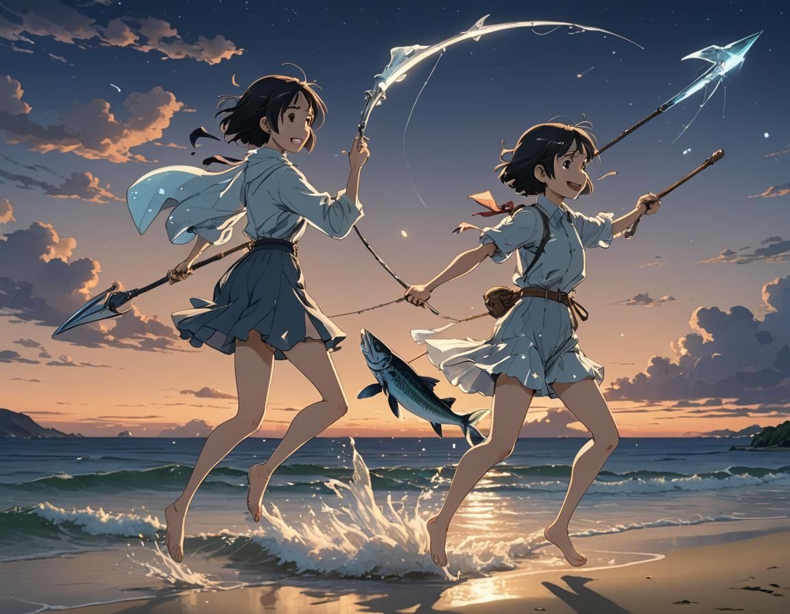 Anime Woman Leaping on Fish Creature at Night