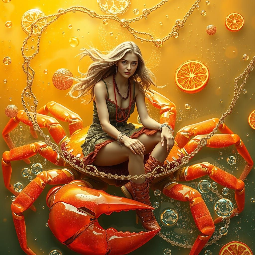 Woman on Gummy Crab in Dreamlike Soda Sea
