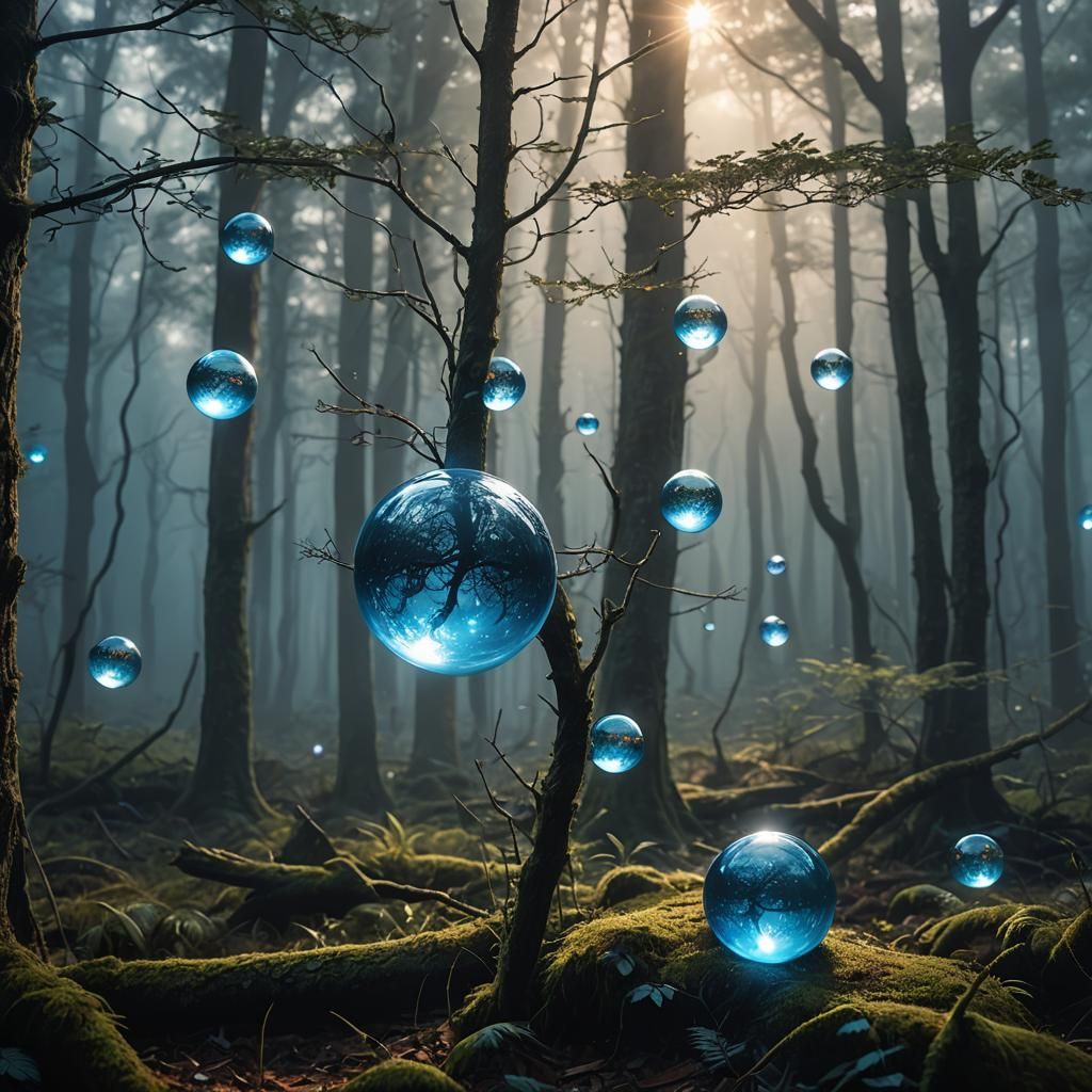 Mystical Orbs Floating in Misty Forest: Hyperrealistic Conce...