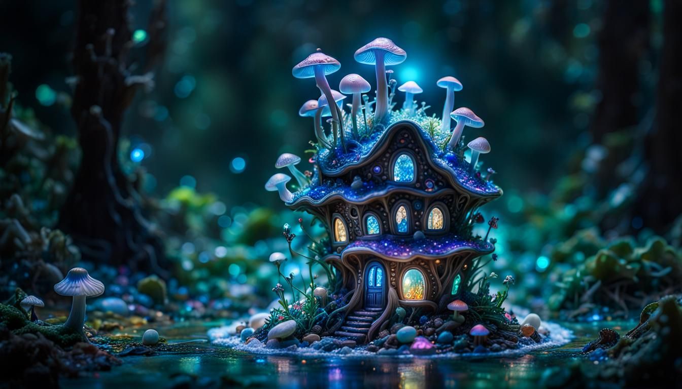 Bioluminescent Mushroom Home in Macro Photography