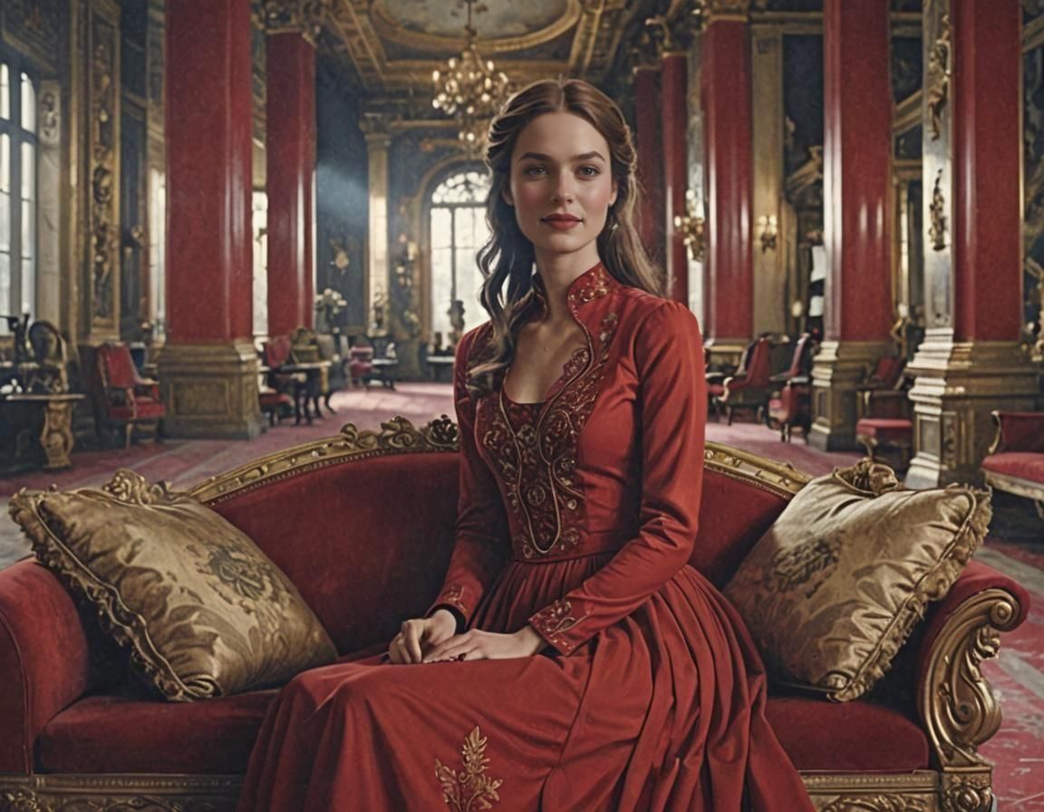 Young Woman in Red Dress in Living Room