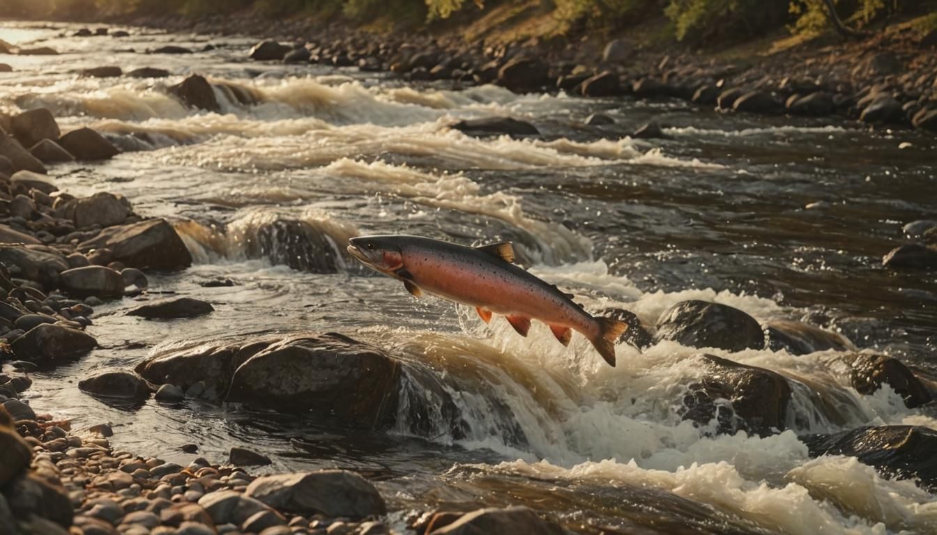 Epic Salmon Leaps in Mountain River Sunset