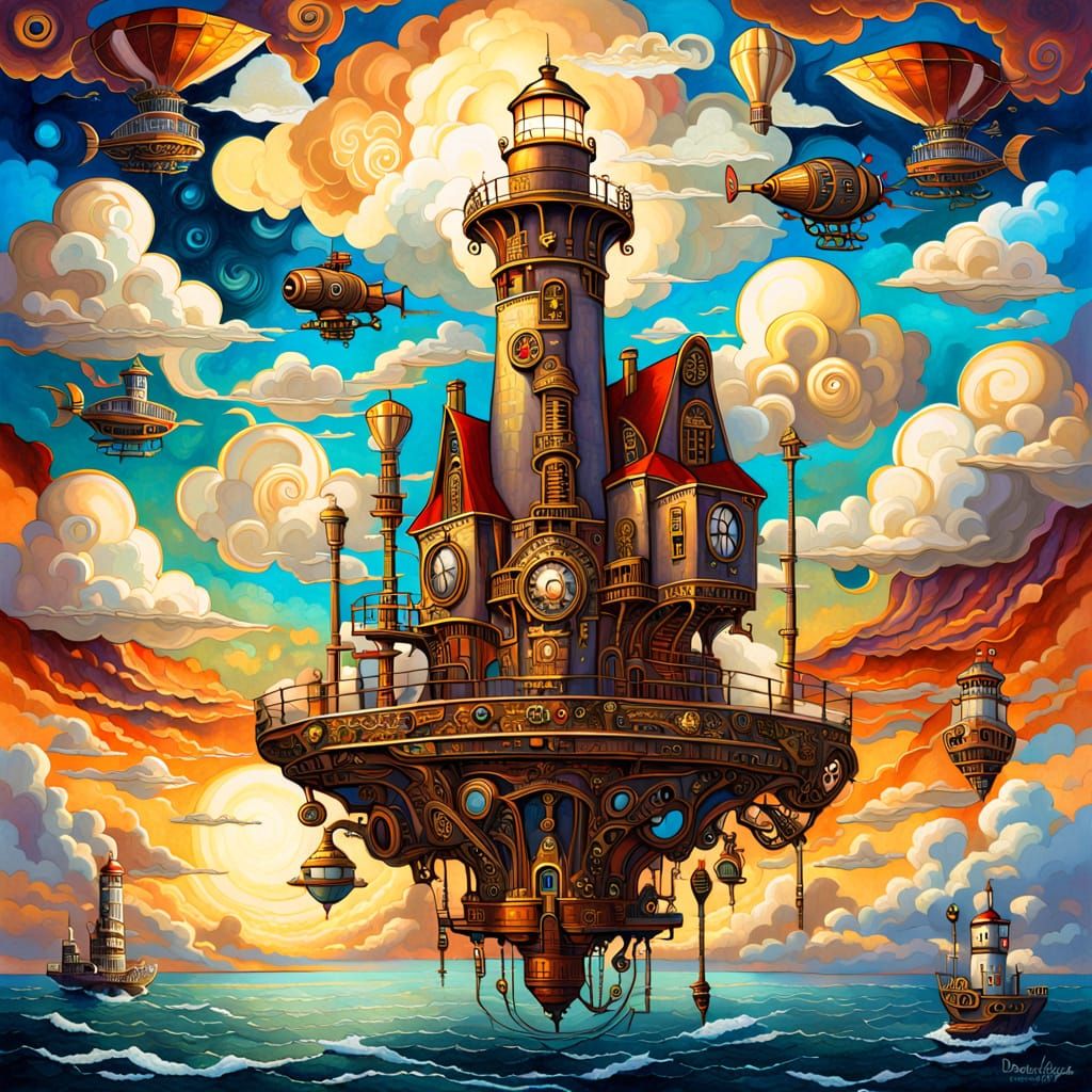 Steampunk Lighthouse Guides Airships in Art Nouveau Style