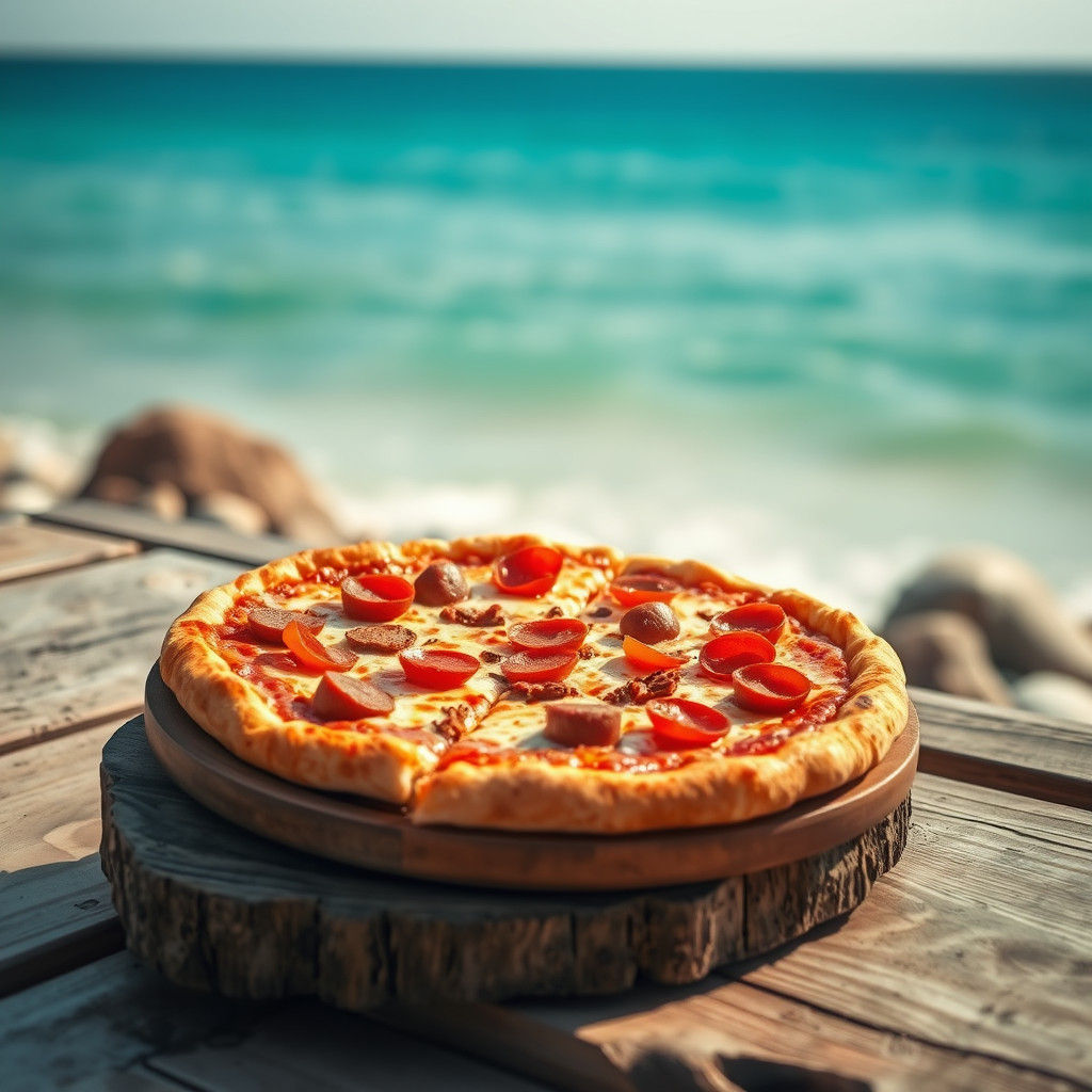 Savory Meat Lover's Pizza in Beachside Setting