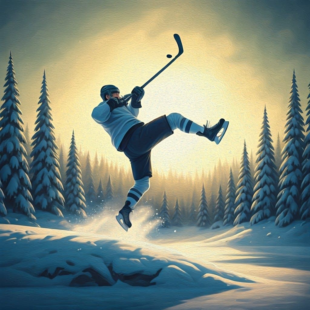 Hockey Player in Mid-Air, Golden Light