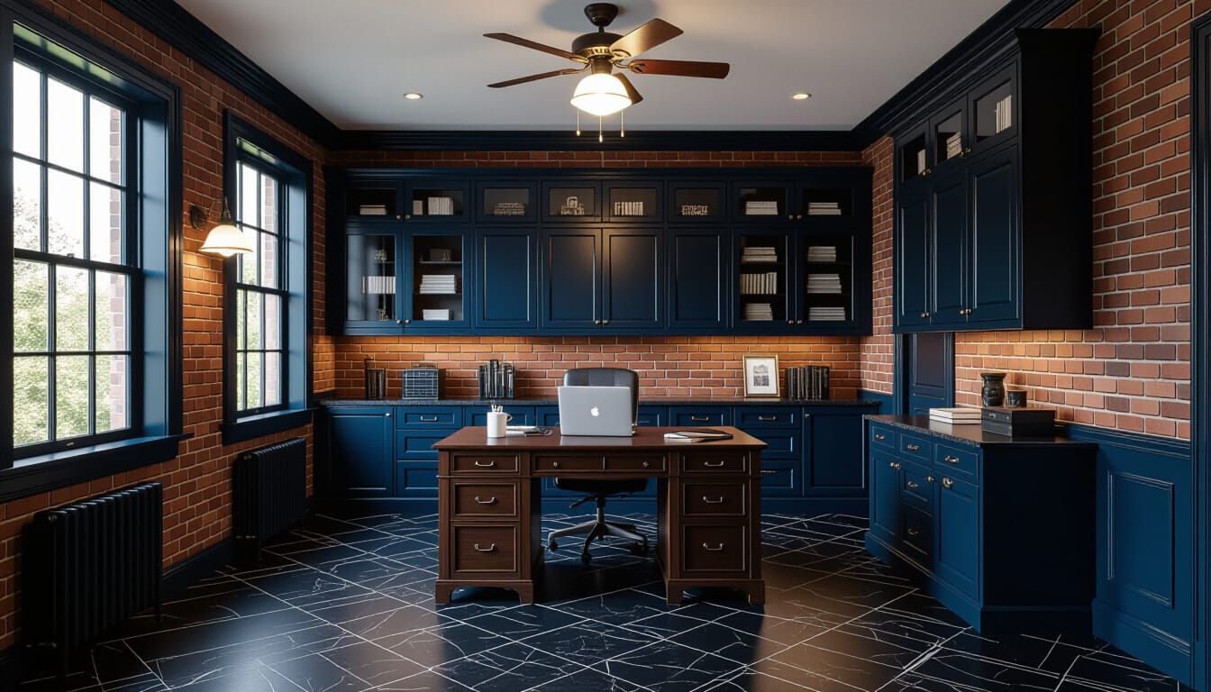 Vibrant Victorian Working Room with Dark Blue Cabinets