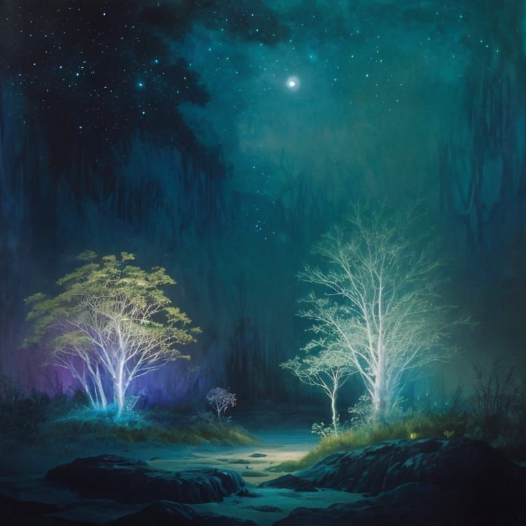 Astronaut Discovers Bioluminescent Moon Garden in Watercolor