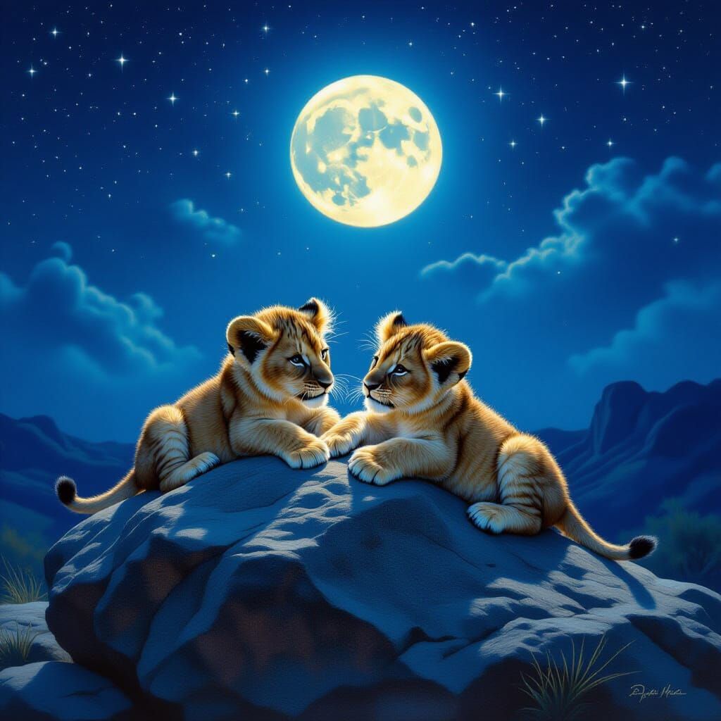 Two Lion Cubs Play Under Full Moon
