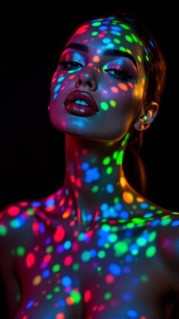Girl Illuminated by Vibrant Disco Ball Light Projections