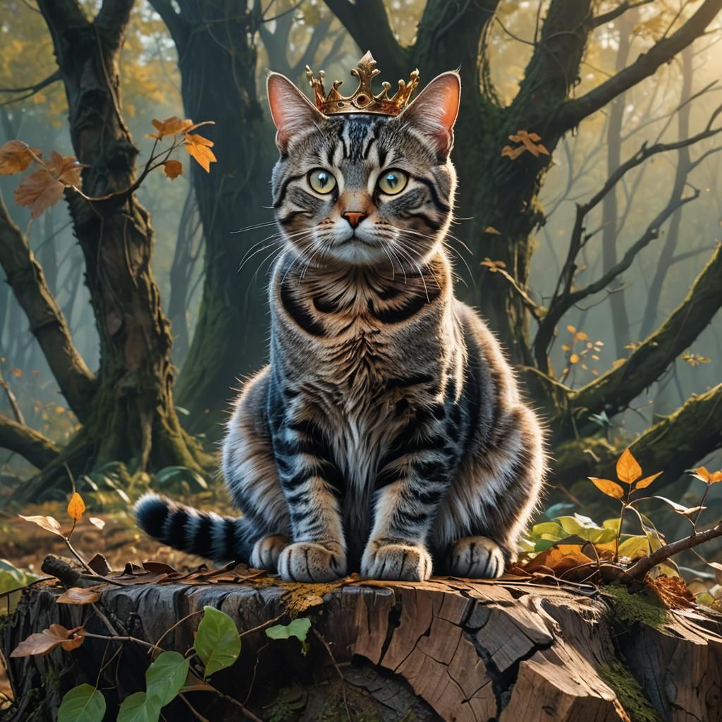 Tabby Cat King in Mystical Forest, Fantasy Art