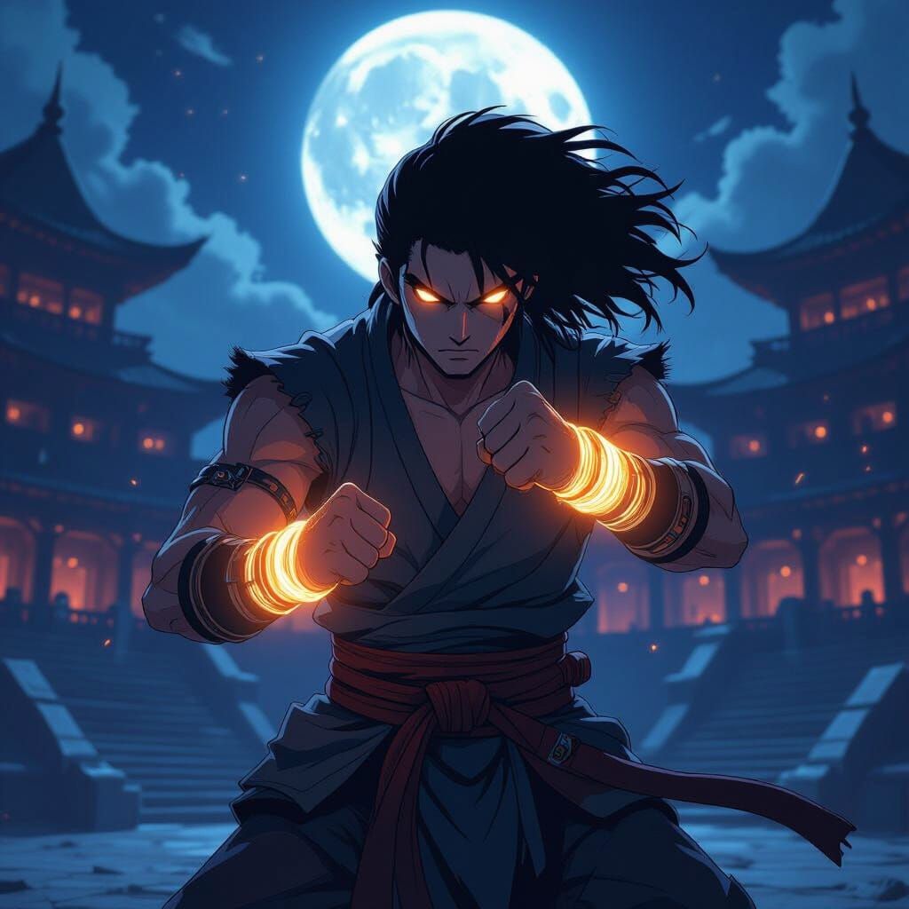 Warrior's Energetic Bracelets in Moonlit Coliseum