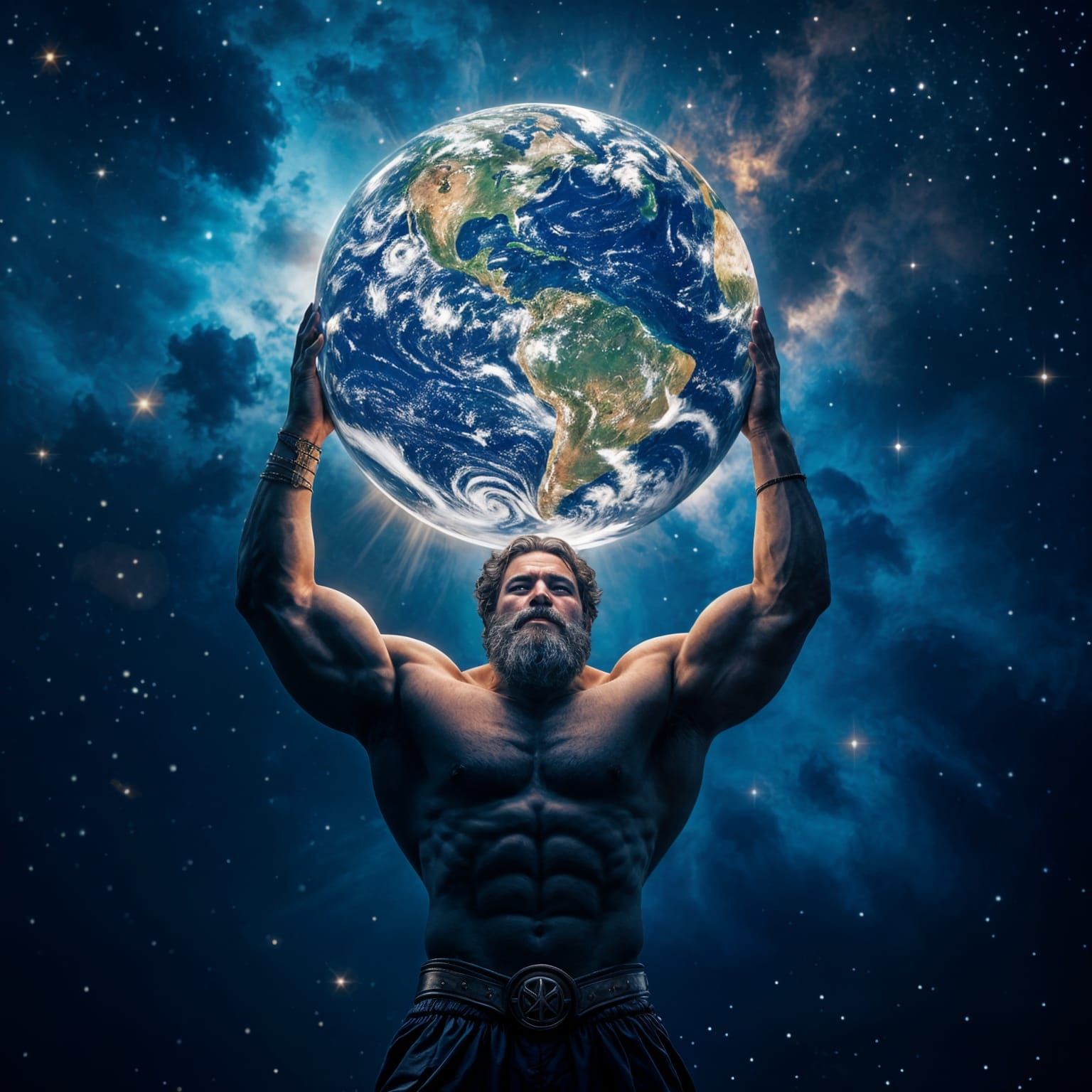 Realistic Atlas Holding Earth Double Exposure