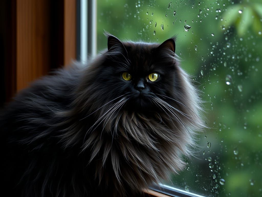 Mysterious Black Cat Watches Rain Outside the Window