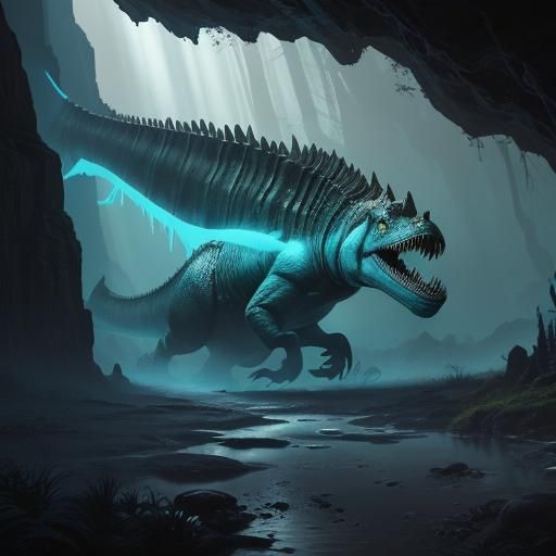 Lush Cave: Spinosaurus in a Fantasy Oil Painting
