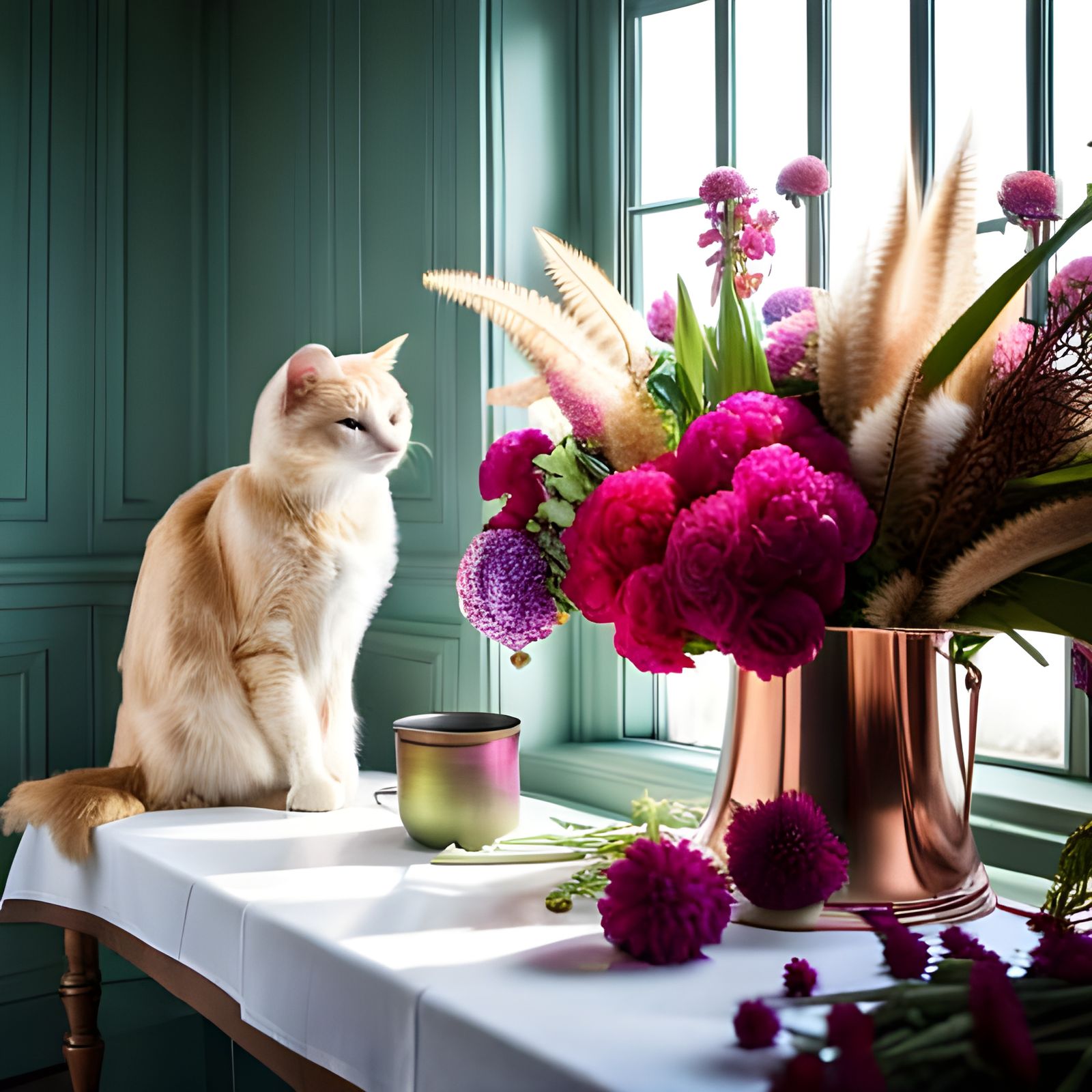 Photorealistic Cat Smelling Exotic Flowers by Window