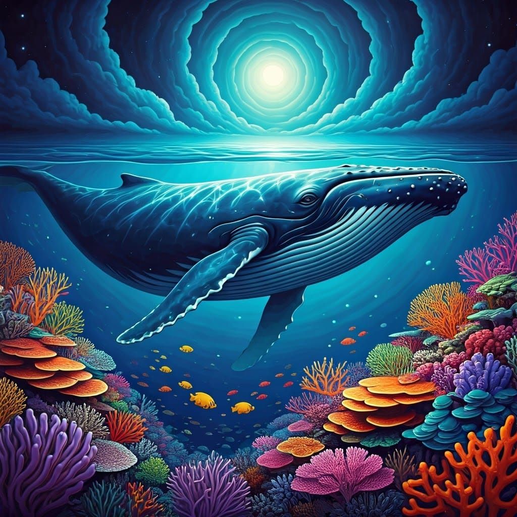 Majestic Blue Whale Glides Through Vibrant Coral Reef in Bre...