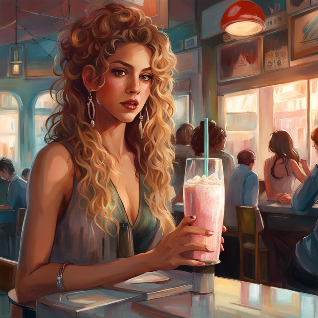 Shakira Portrait Holding Milkshake in Fantasy Art Style