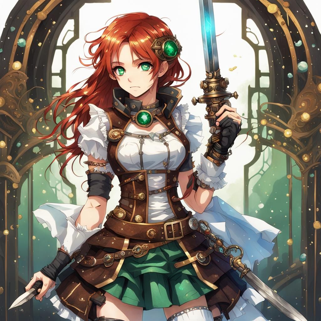 Steampunk Knight Girl with Emerald Sword, Anime Style